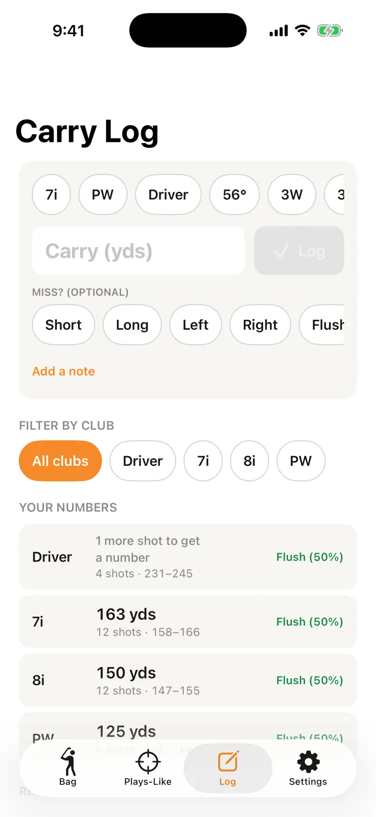 Carry Log with per-club averages from logged shots