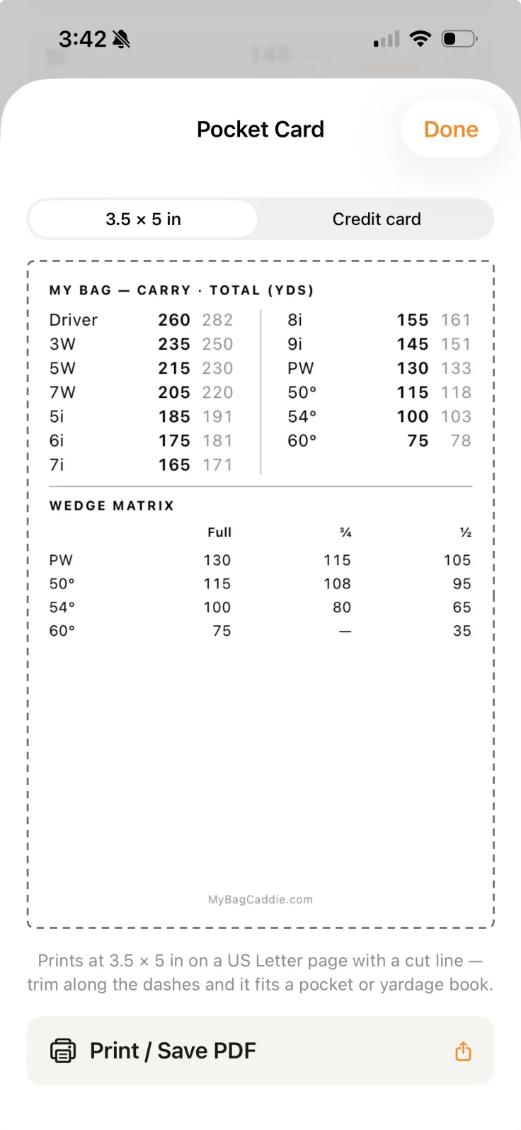 Printable pocket card with every club's carry and total yardage plus the wedge matrix