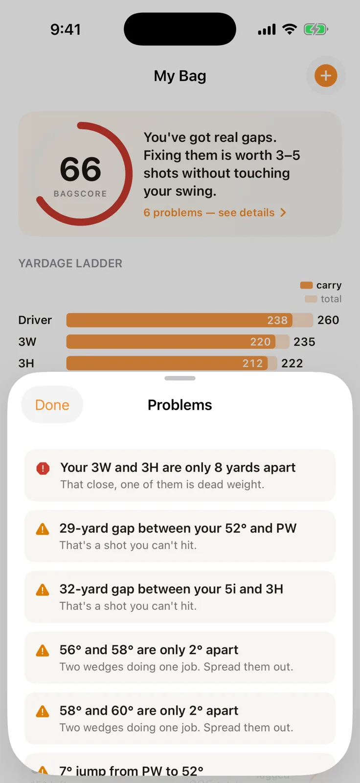 Ranked list of bag problems with exact yardages